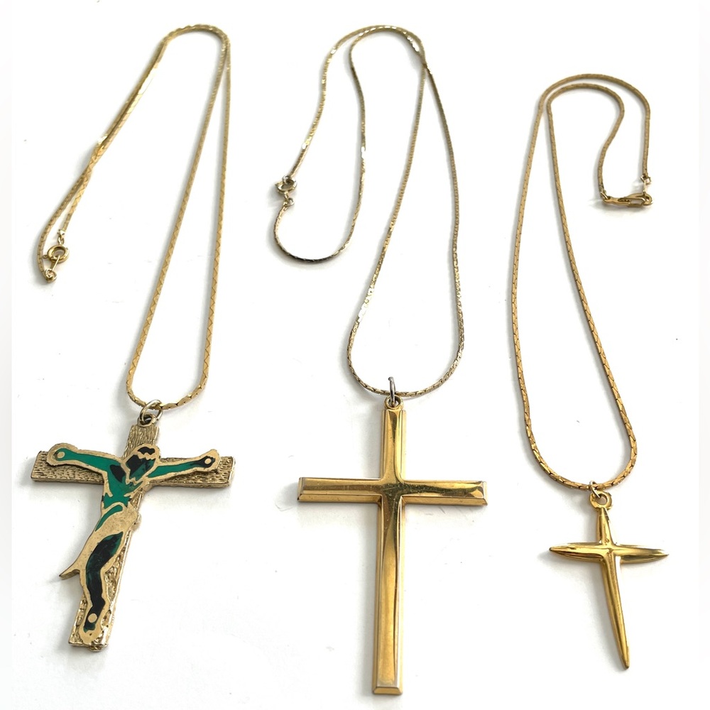 Lovely Lot of Three Vintage Goldtone Crosses with chains, 3 sizes, 1 enamel